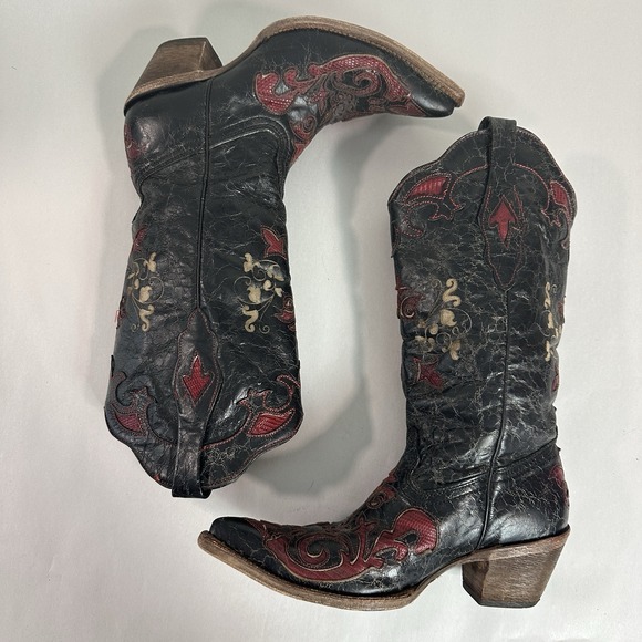 Corral Boots Shoes - Corral Vintage Black Leather Lizard Inlay Cowboy C2115 Boots Womens Size 7.5